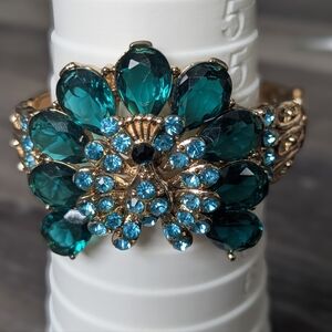 *Bundle and Save*" Gold Tone Green and Blue Rhinestone Peacock Clamper Bracelet